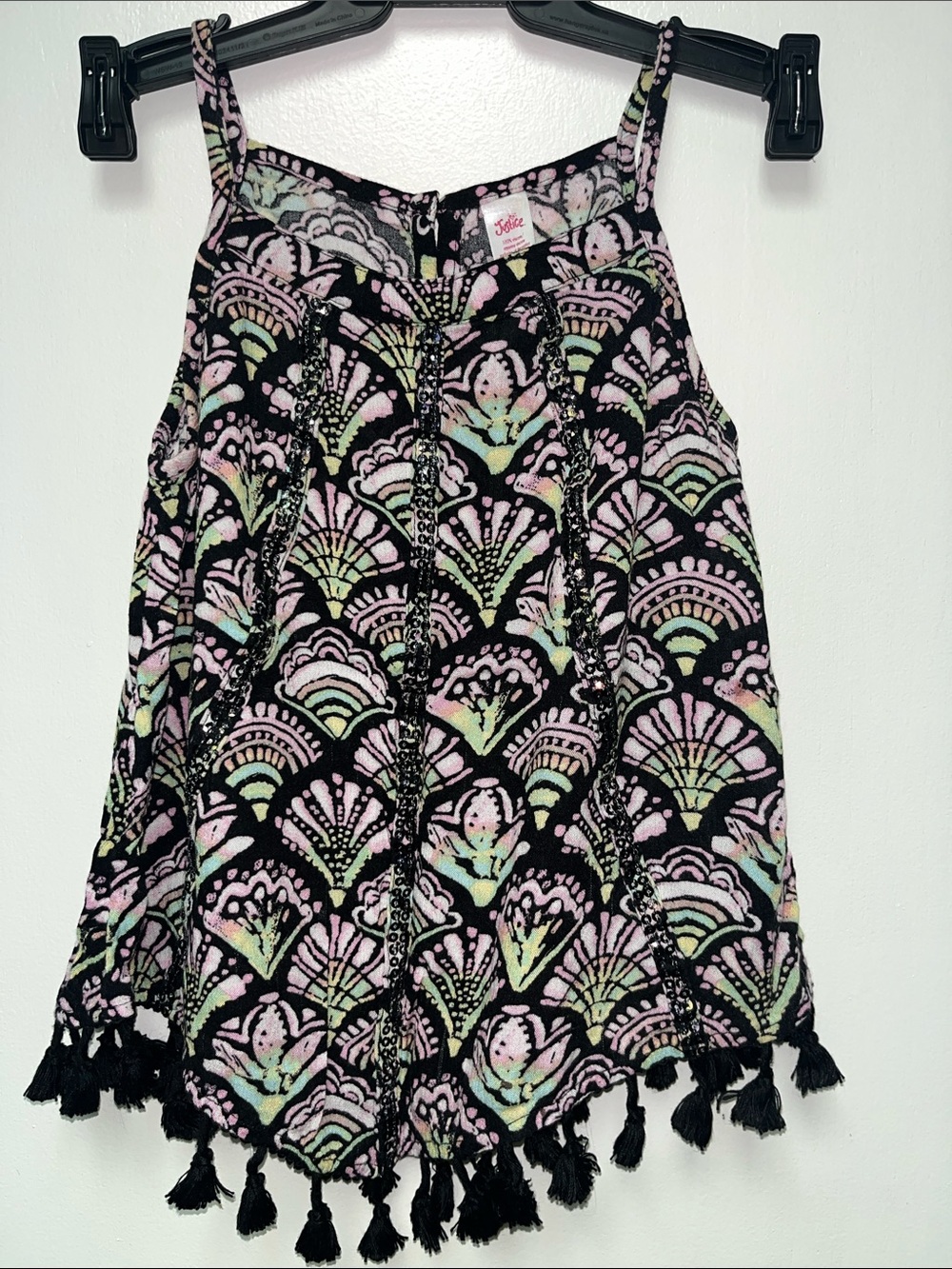 Justice Black A-Line Skirt with Pastel Pink & Mint Pattern and Tassel Hem